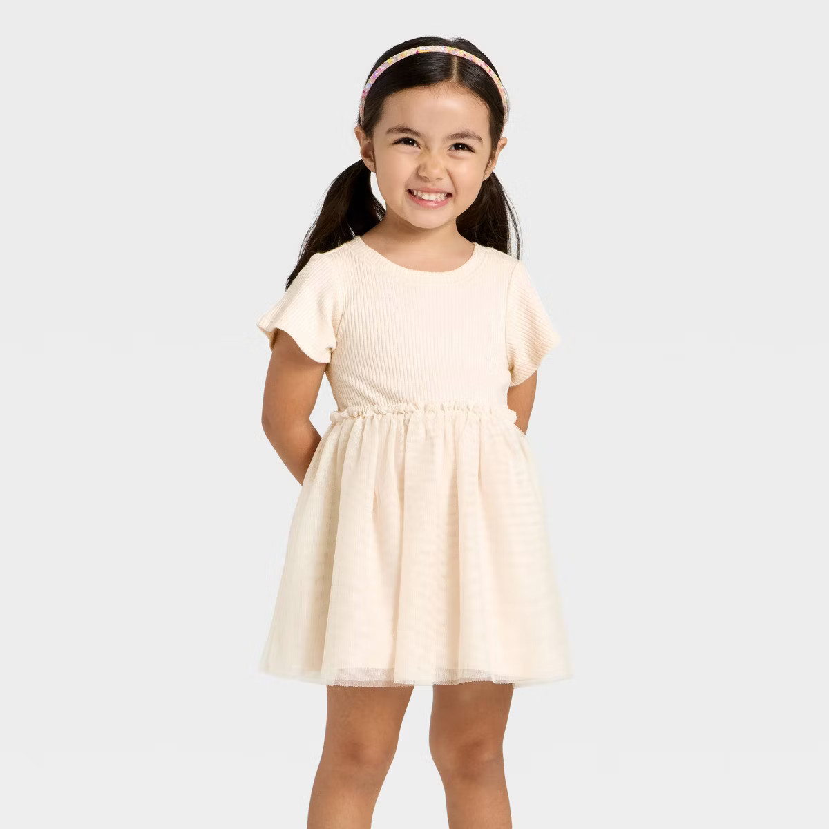 Toddler Girls' Short Sleeve Sparkle Ribbed Tulle Dress - Cat & Jack™ Beige 2T | Target