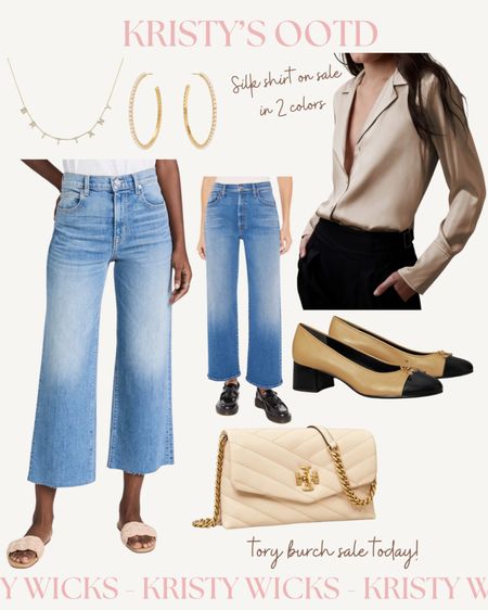 What she’s wearing 🤍✨ 

Banana republic silk top on sale under $110 in both black and cream (she’s wearing a size S) 🎀 Adorable cropped jeans in 2 options — perfect for spring! (She’s wearing a size 28) // Tory Burch sale event happening now with her purse and other options — 25% off $200+ and 30% off $500+. Linked tons of cute cream options! 🎀 Jewelry & shoes are also linked. 

Tory Burch shoes fit TTS. 

#LTKsalealert #LTKitbag #LTKfindsunder100