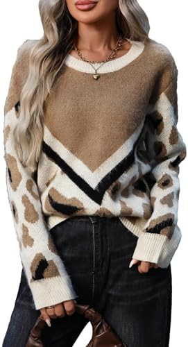 Mingzhu Women's Crew Neck Patchwork Leopard Chevron Print Loose Pullover Long Sleeve Knitted Chee... | Amazon (US)