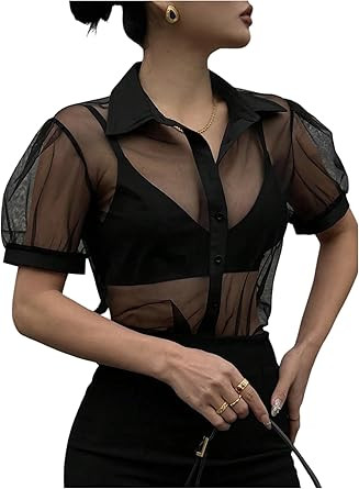 GORGLITTER Women's Sheer Puff Sleeve Tops Blouse Dressy Casual Y2K Mesh Cropped Button Down Shirt... | Amazon (US)