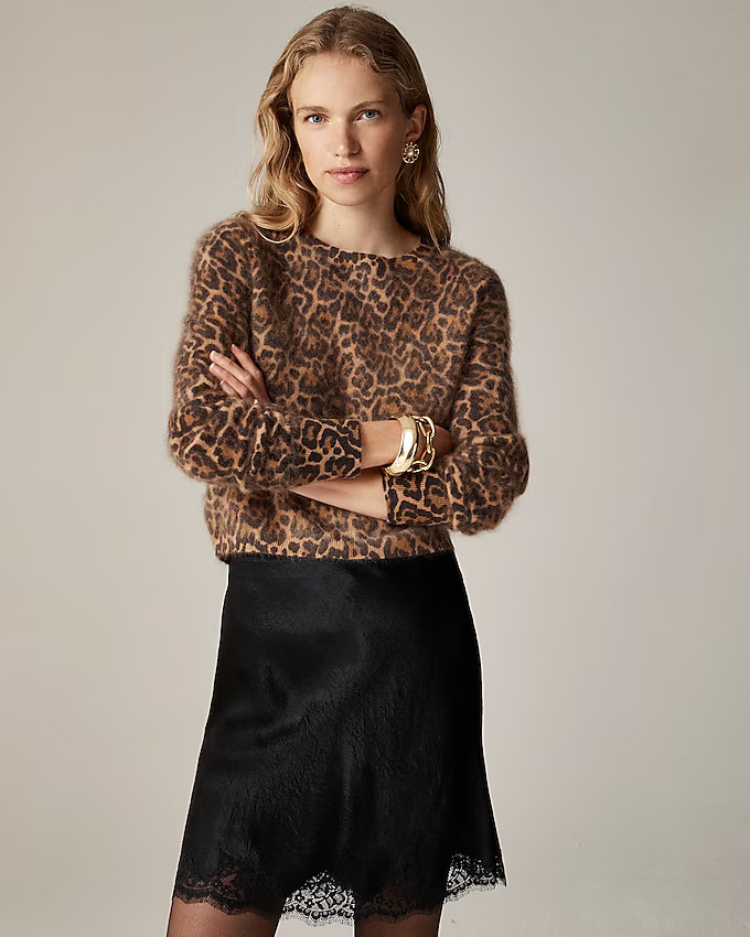 Brushed cashmere shrunken crewneck sweater in leopard print | J. Crew US