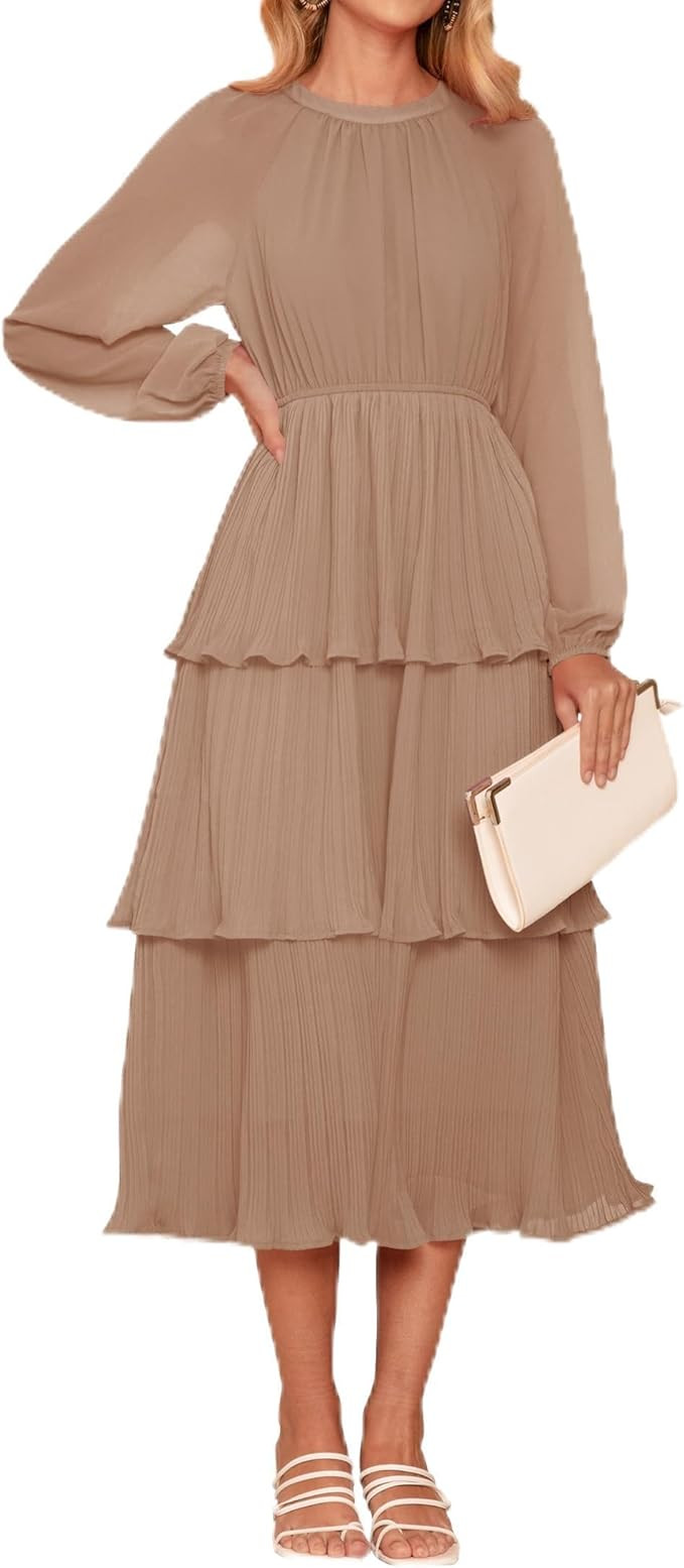 ZESICA Women's 2024 Long Sleeve Crew Neck Ruffle Tiered Layered Chiffon Flowy Swing Long Midi Dre... | Amazon (US)