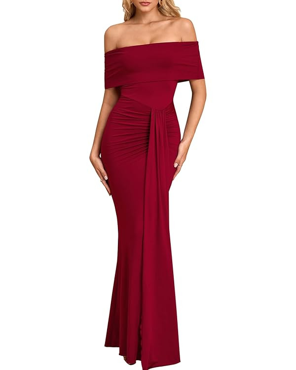 Off The Shoulder Formal Maxi Dress Fall Wedding Guest Ruched Bodycon Cocktail Party Dresses for W... | Amazon (US)