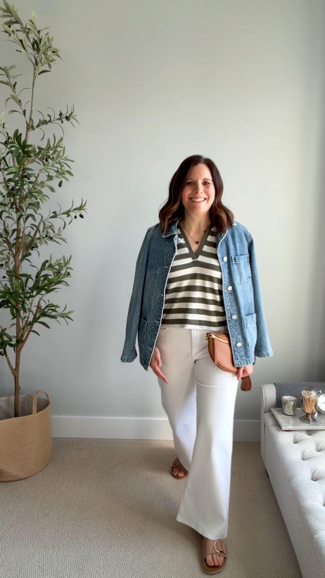 ⁠Long weekend capsule outfit fit notes: ⁠
Amazon one-strap big-buckle slides: very cushioned. Fit TTS.⁠ ⁠@loft olive striped collared tee (gifted): I tried a small and XS, and prefer the XS since the v is deep. ⁠Ends at the hip, easy to wear untucked. ⁠@loft midrise white wide leg jeans: fit TTS. Measured inseam is 30", but the web now says 31". The most comfy white jeans.⁠ ⁠@onequince denim utility jacket: a bestseller I wore nonstop last year, and I’m keeping it in rotation this year. Fits TTS (I’m in a medium).⁠


 

 

#LTKOver40 #LTKSaleAlert #LTKMidsize