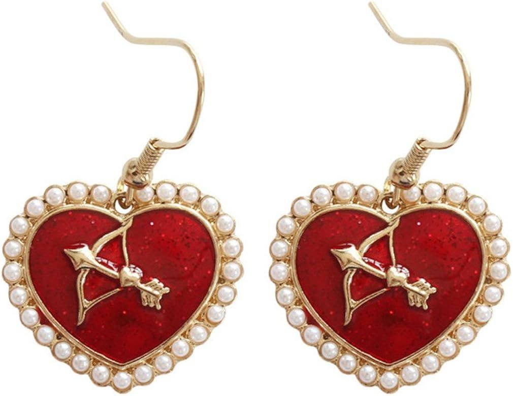 18K Gold Plated imitation pearls Sided Cupid arrow insert Red Heart Charm Women Dangle earrings | Amazon (US)