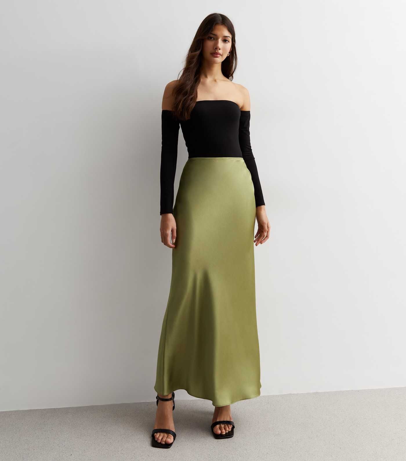 Khaki Satin Bias Cut Midaxi Skirt | New Look | New Look (UK)