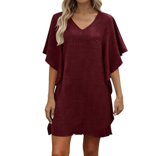 Cover Up Dresses for Women Ruffle Trim Casual V Neck Solid Color Comfort Coverup Beach Vacation Outfits | Amazon (US)