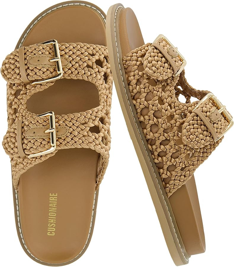 CUSHIONAIRE Weaver Summer Sandals for Women - Shiny Raffia Woven Slip On Womens Slides with Adjus... | Amazon (US)