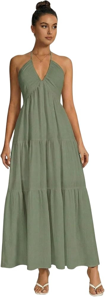 OYOANGLE Women's Summer Beach Sundress Formal Wedding Guest Dress Backless Flowy Vacation Boho Ma... | Amazon (US)