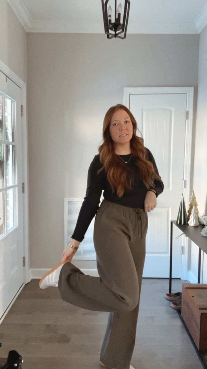 Wfh outfit 
Black ribbed long sleeve tee - tts wearing a medium 
Green wide leg pants with drawstring waist - tts wearing medium 
Adidas - linked similar - tts 
Gold watch 
Evil eye necklace 
Mixed metal ring 

#LTKWorkwear #LTKWatchNow #LTKFindsUnder100