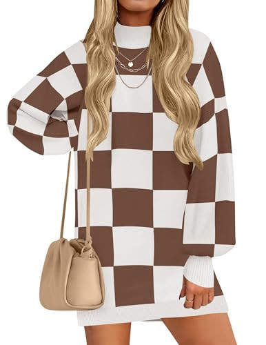 ZESICA Women's Fall Turtleneck Sweater Dress Oversized Long Lantern Sleeve Casual Knit Pullover Mini Dresses Mocha X-Large | Amazon (US)