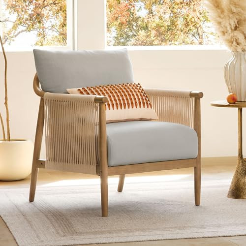 CHITA Braid Accent Chair, Modern Armchair with Solid Wooden Armrest for Living Room and Bedroom, Boho Reading Chair, Light Grey | Amazon (US)