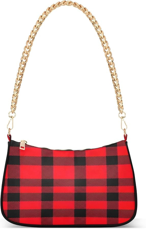 Red Black Buffalo Plaid Checks Chain Shoulder Bag, Women's Hobo Tote Handbag, Trendy Medium Purse... | Amazon (US)