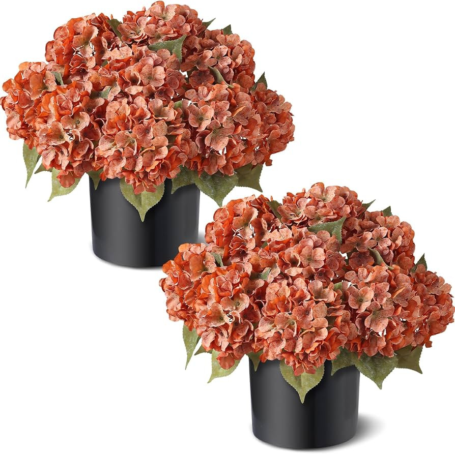 2Pcs Artificial Fall Hydrangea Flower Topiary Trees for Porch Decor(Orange) | Amazon (US)