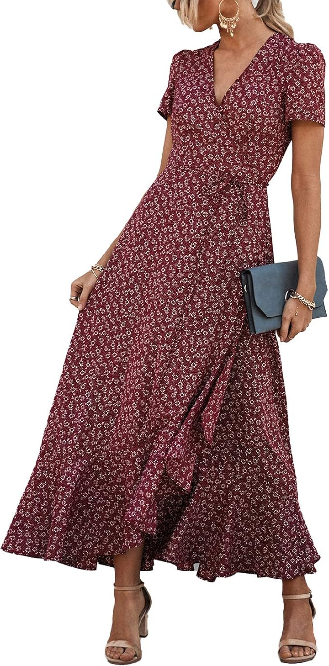 PRETTYGARDEN Women's Summer Wrap Maxi Dress Casual Boho Floral V Neck Short Sleeve Ruffle Hem Spl... | Amazon (US)