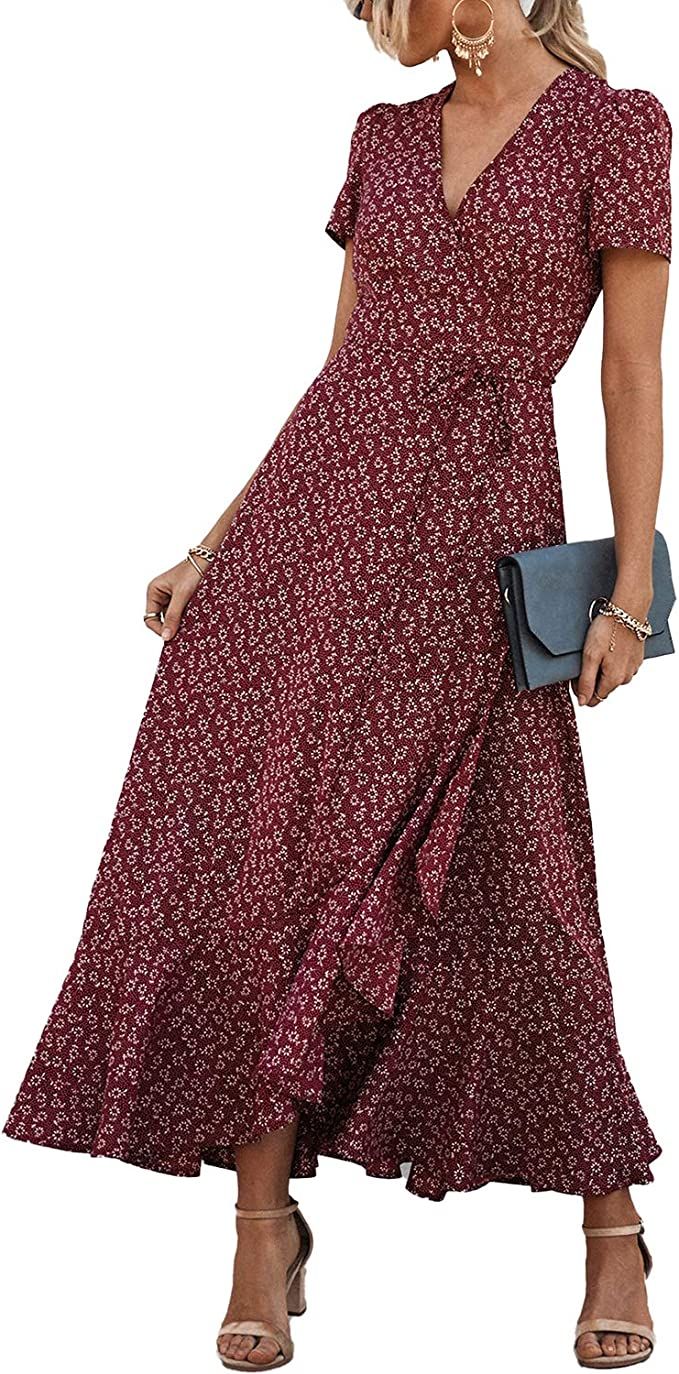 PRETTYGARDEN Women's Summer Wrap Maxi Dress Casual Boho Floral V Neck Short Sleeve Ruffle Hem Spl... | Amazon (US)