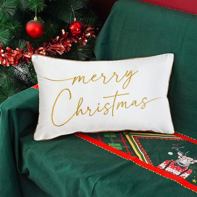 ONWAY White Christmas Pillow Covers 12x20 Inch Merry Christmas Emboridered Gold Decorative Pillow... | Amazon (US)