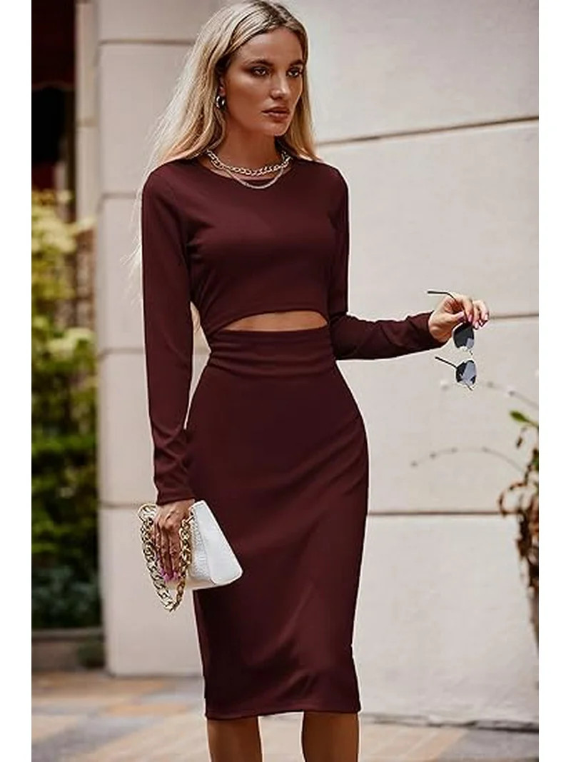 PRETTYGARDEN Women's Long Sleeve Midi Bodycon Dresses Casual Crewneck Cut Out Ribbed Knit Fitted ... | Walmart (US)