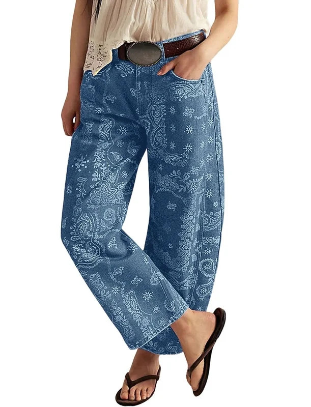 sicmoss Women Y2K Mid Rise Blue Barrel Denim Jeans Vintage Bandana Paisley Pattern Casual Loose Fit Long Pants with Side Pockets - Walmart.com | Walmart (US)