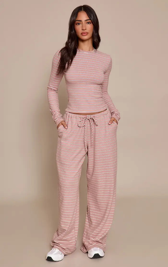 Petite Pink Striped Soft Fleece Straight Leg Joggers | PrettyLittleThing UK