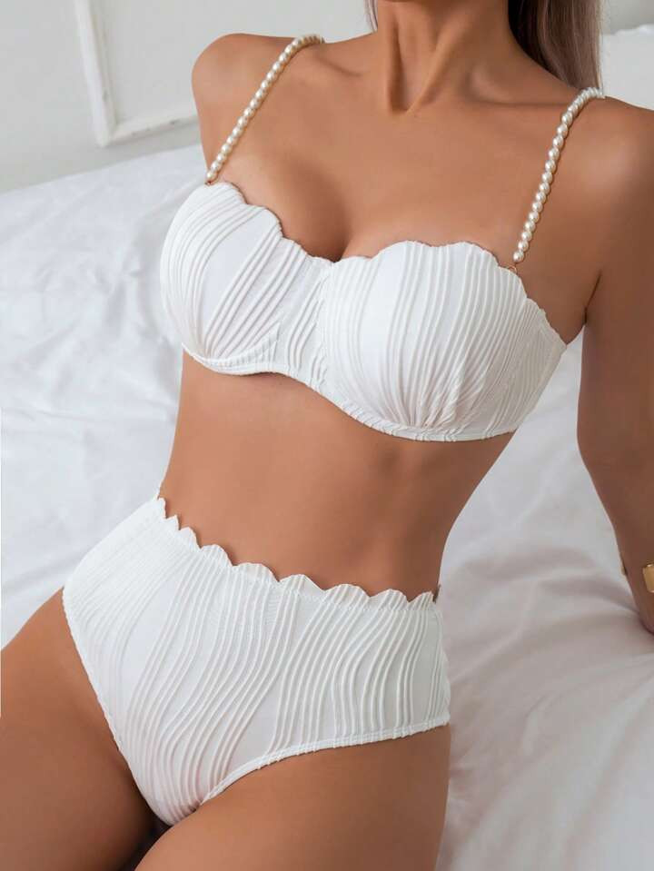 SHEIN Swim Summer Beach Women's Vacation Textured Faux Pearl Shoulder Strap Bikini Set | SHEIN