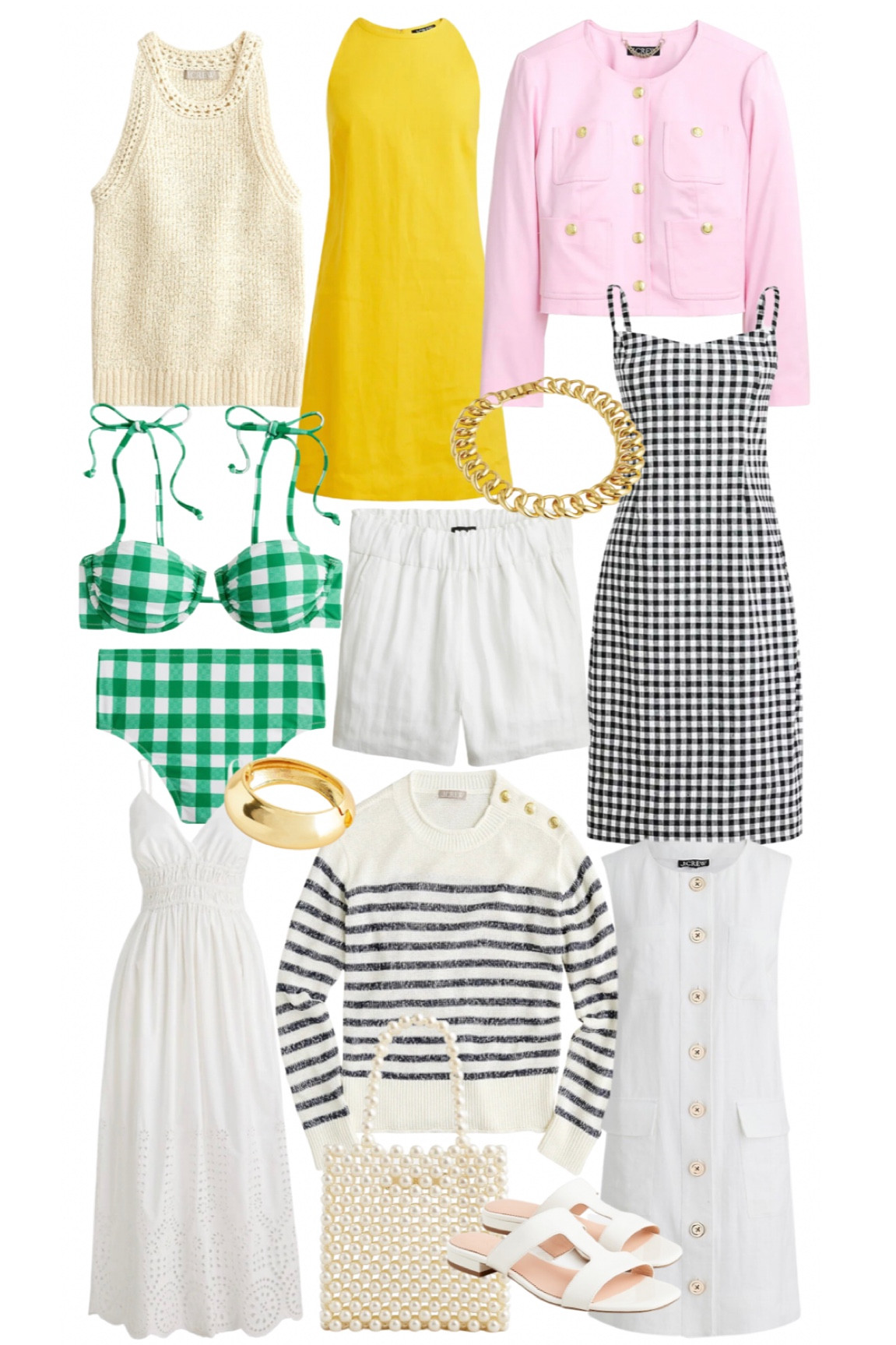 J.Crew new arrivals. Summer dresses. Gingham dress. Linen mini dress. White eyelet midi dress. Gingham bikini. Gingham high rise bikini. White linen shorts. Pink blazer. White button mini dress. Knit halter top. Gold chain link necklace. Gold bracelet. Pearl handbag. Navy stripe sweater. White sandals. 
.
.
.
…. #ltkworkwear #ltkitbag #ltkshoecrush #ltkseasonal #jcrew #ltkunder100 

#LTKstyletip #LTKswim #LTKtravel