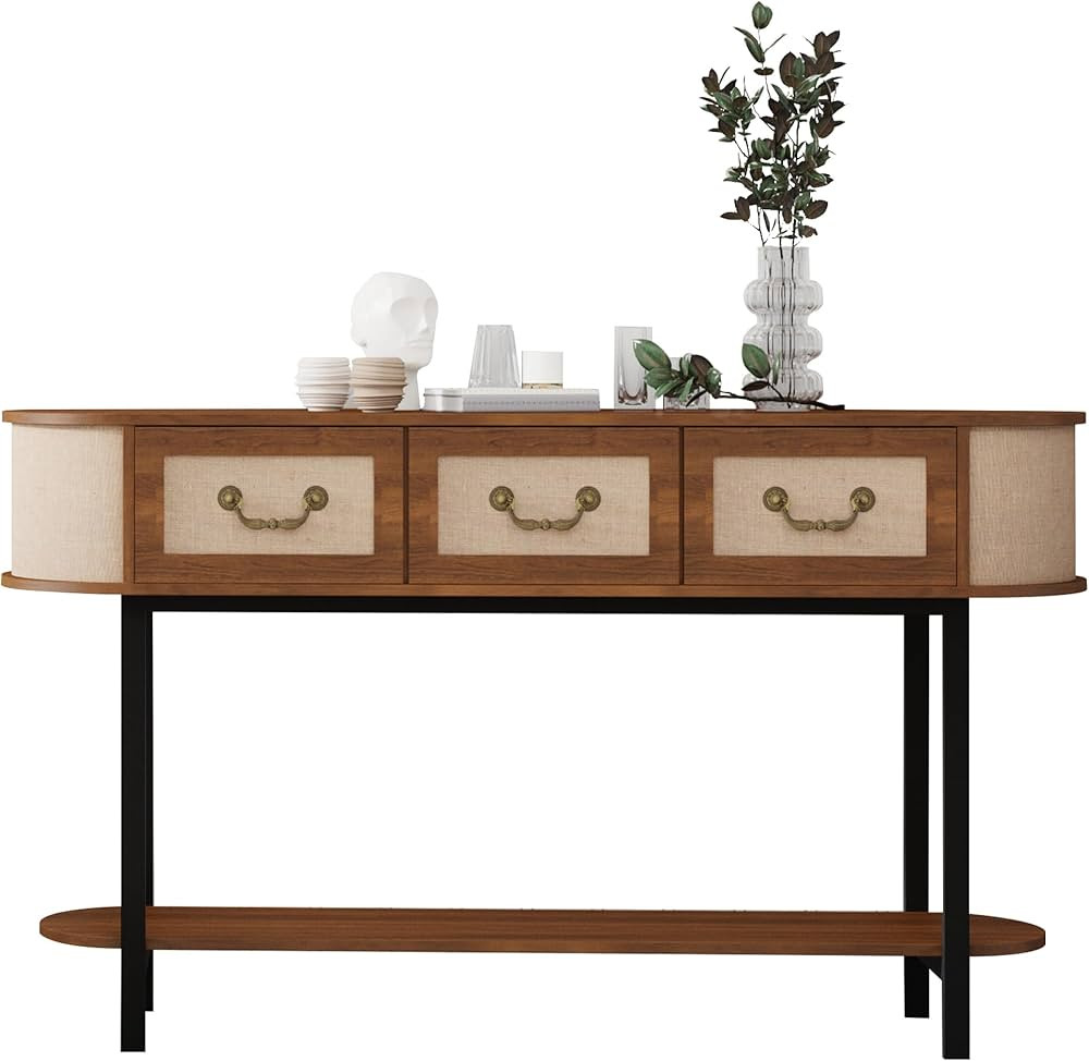 Rattan Entryway Table with Storage, Narrow Oval Console Table with Drawers, 53.6" Long and Slim C... | Amazon (US)
