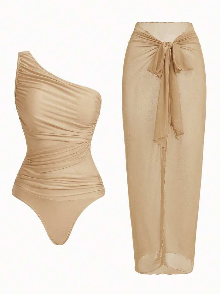 Swim Oasis Women's Solid Color Ruched One-Piece Swimsuit With Matching Cover-Up Skirt, Suitable F... | SHEIN