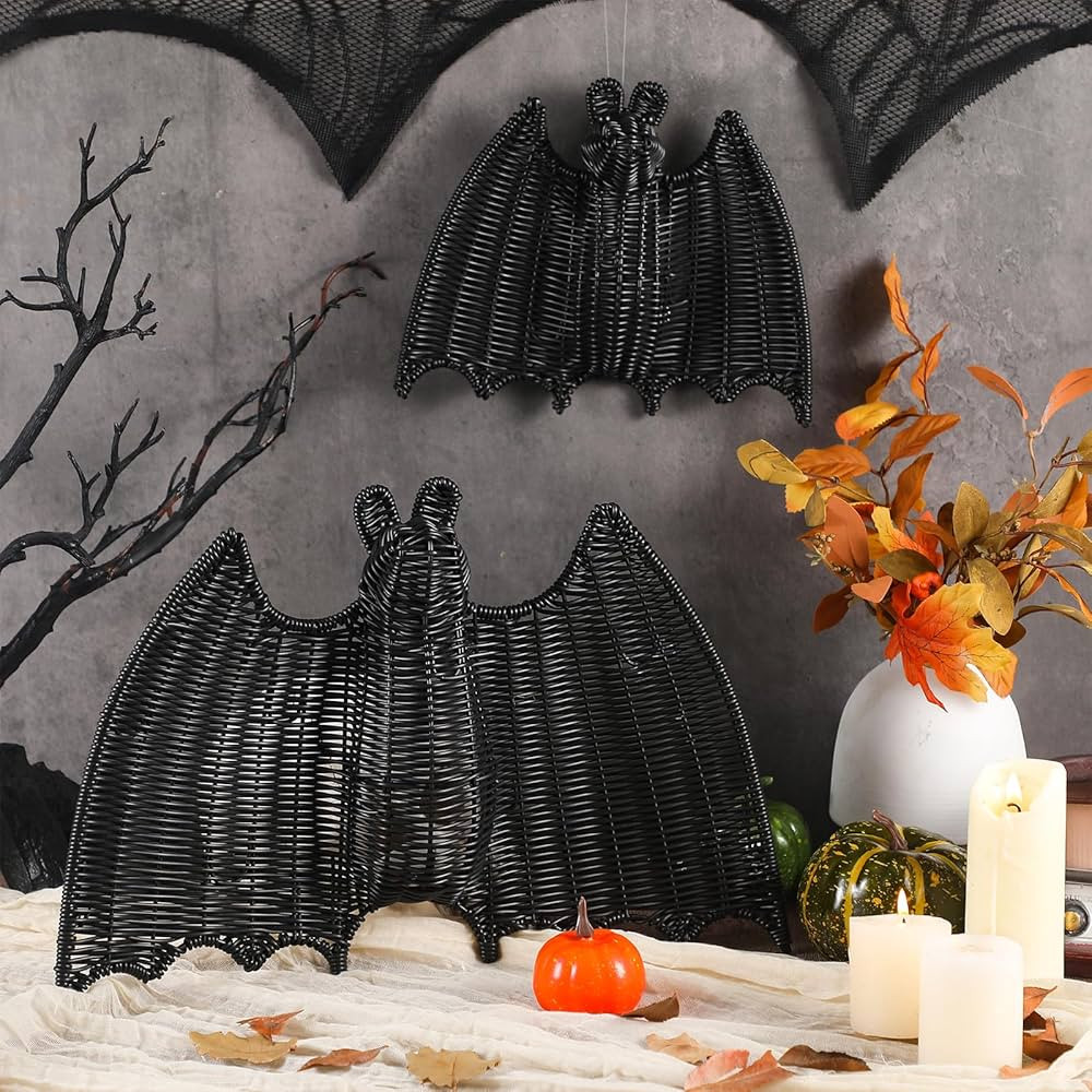 2 Pack Halloween Rattan Bat Decorations 15.8'' and 9.8 '' Black Woven Bats for Hanging in The Tre... | Amazon (US)
