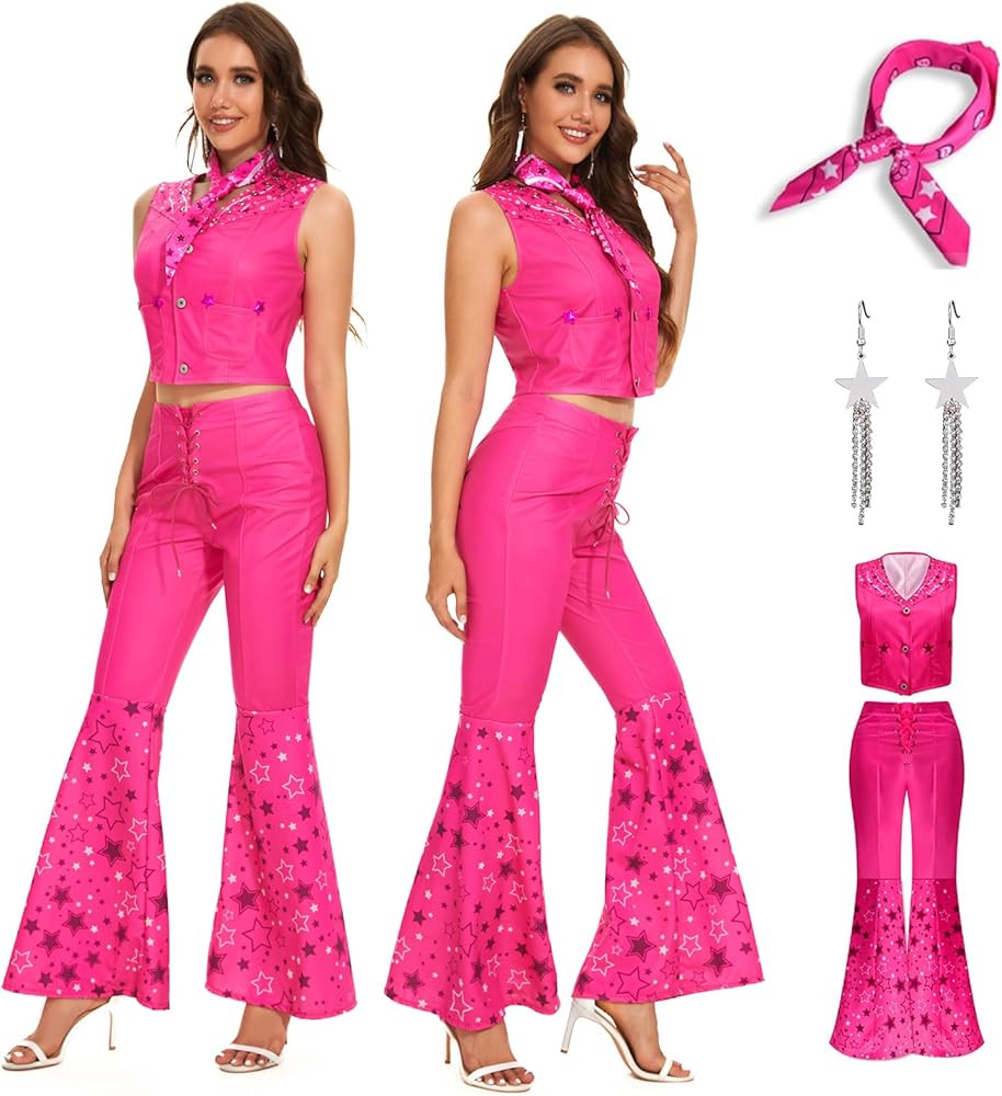 LILLIWEEN 70s 80s Disco Outfits for Women Hippie Disco Costume Movie Pink Flare Pant Halloween Se... | Amazon (US)