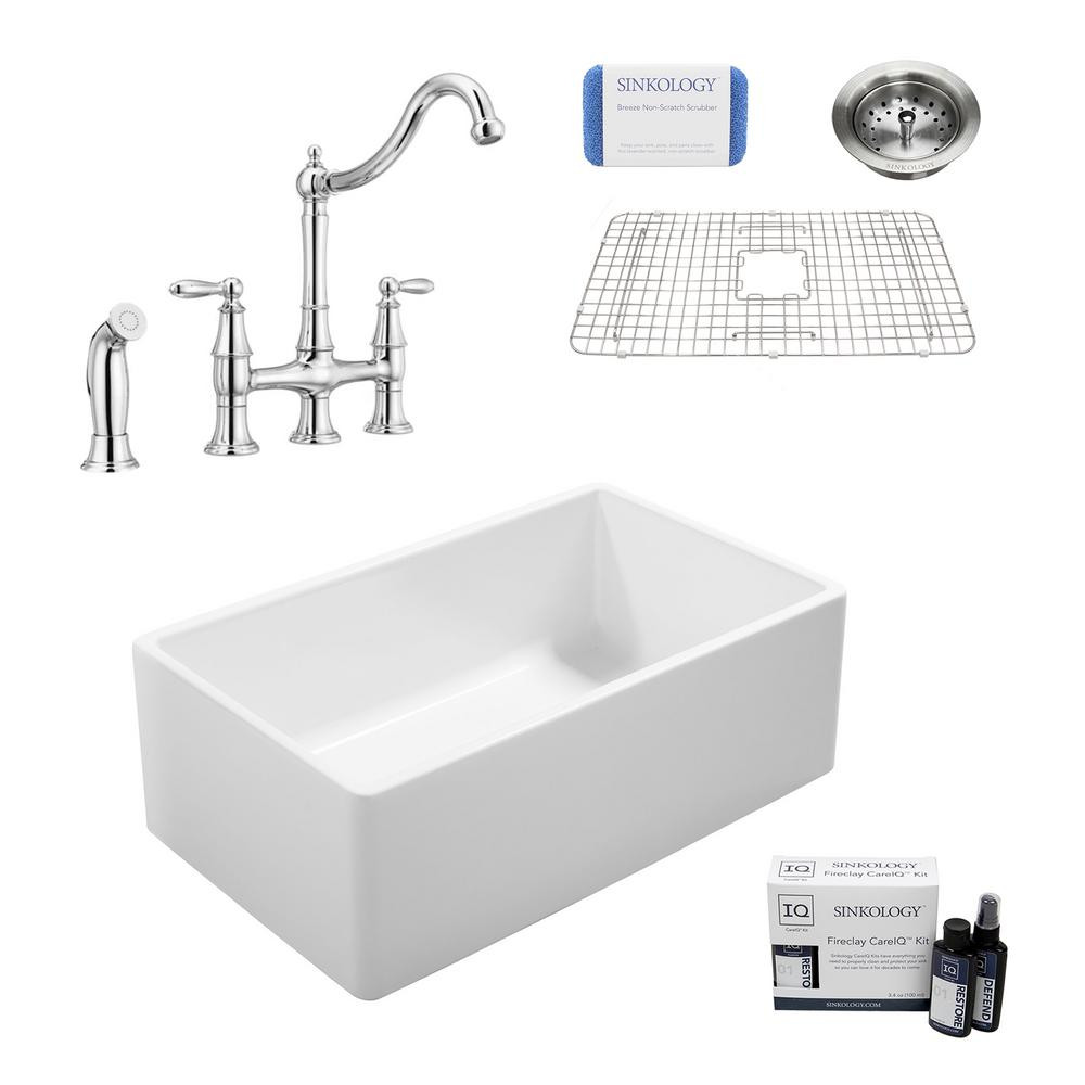 SINKOLOGY Ward All-in-One Farmhouse Fireclay 33 in. Single Bowl Kitchen Sink with Pfister Bridge Fau | The Home Depot