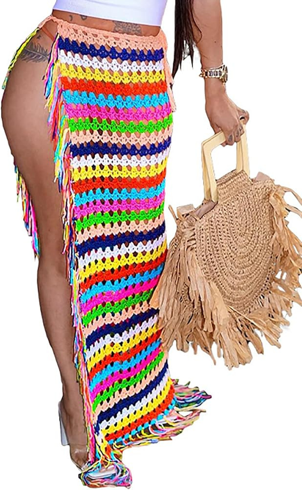 Tcremisa Women's Crochet Cover Up Skirts High Waist Split Knit Tie Up Mesh Beach Cover Up Swimwea... | Amazon (US)