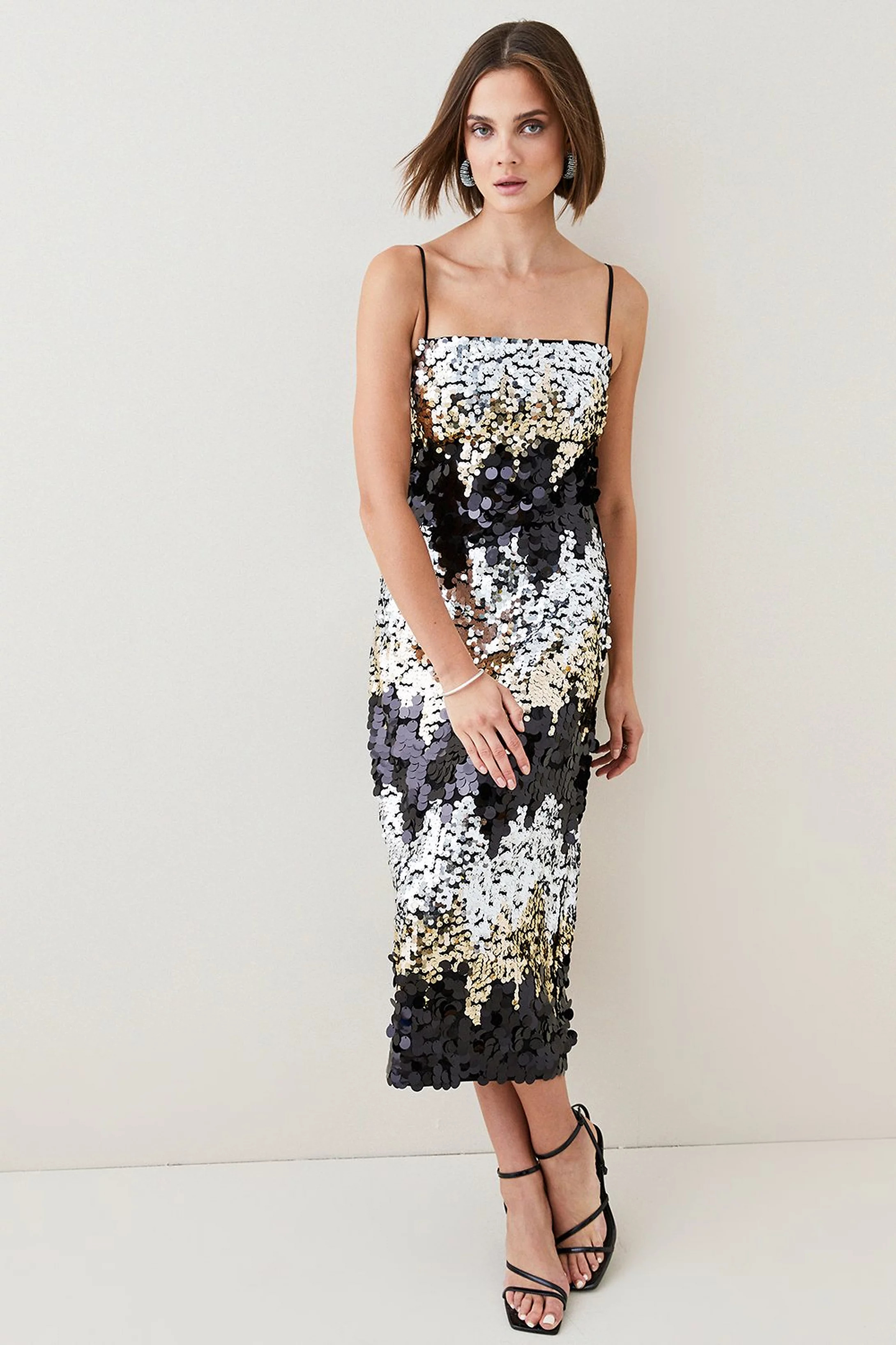 Disc Sequin Strappy Woven Midi Dress | Karen Millen UK + IE + DE + NL