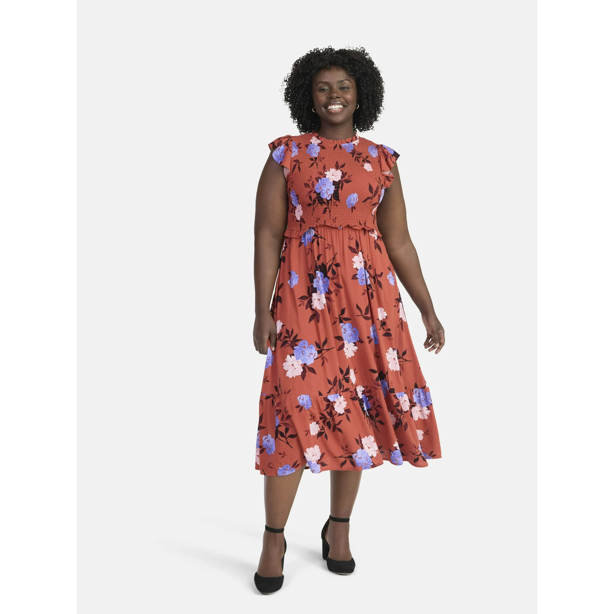 Time and Tru Women's Smocked Bodice Midi Woven Dress, Sizes XS-XXXL | Walmart (US)