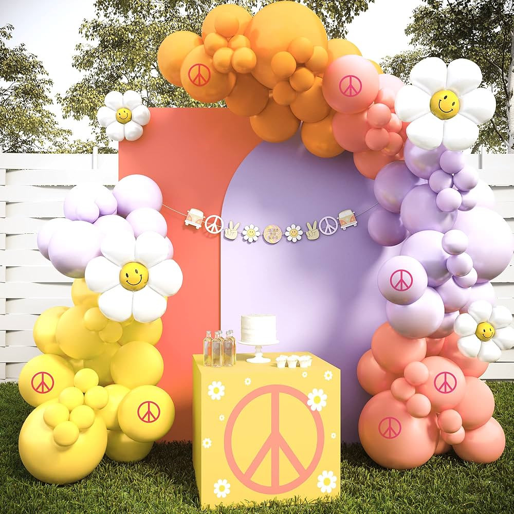HOUSE OF PARTY Hippie Groovy Balloon Arch 140 Pcs - Coral, Orange, Yellow, Purple & Daisy Flower ... | Amazon (US)