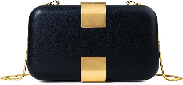 Black Leather Clutch Purse with Gold-Tone Clasp, Detachable Chain Strap, Magnetic Snap, Evening C... | Amazon (US)