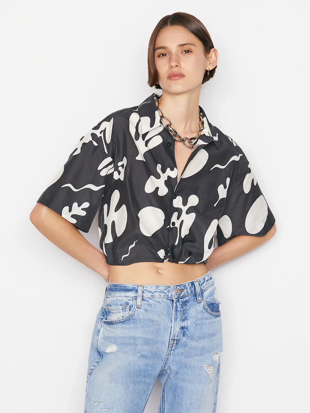Cropped Twist Front Shirt -- Faded Noir Multi | Frame Denim