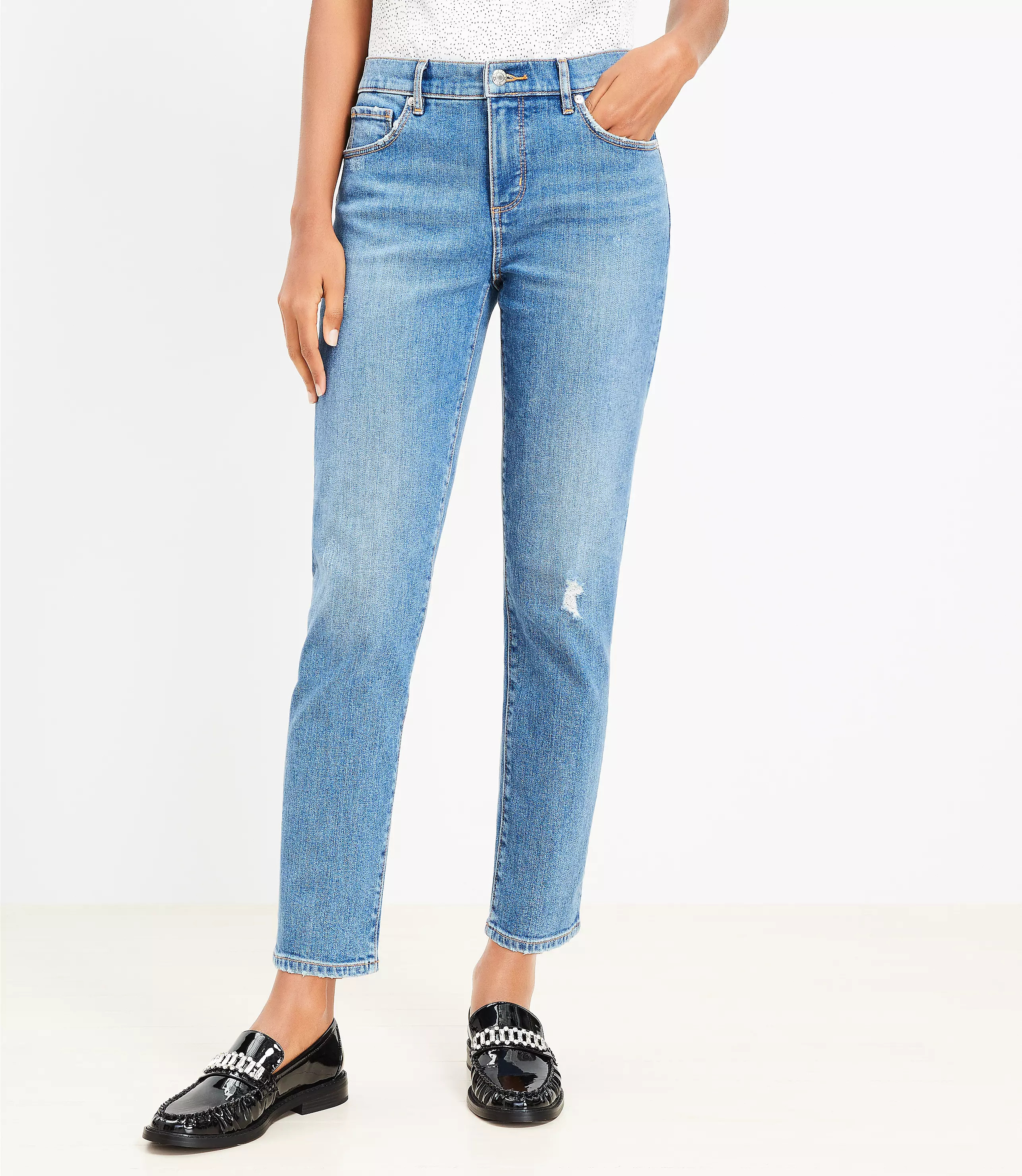 Destructed Super Soft Girlfriend Jeans in Mid Stone Wash | LOFT