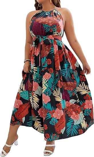 Floerns Women's Plus Size Boho Sleeveless Halter Neck Tie Back A Line Long Dress | Amazon (US)