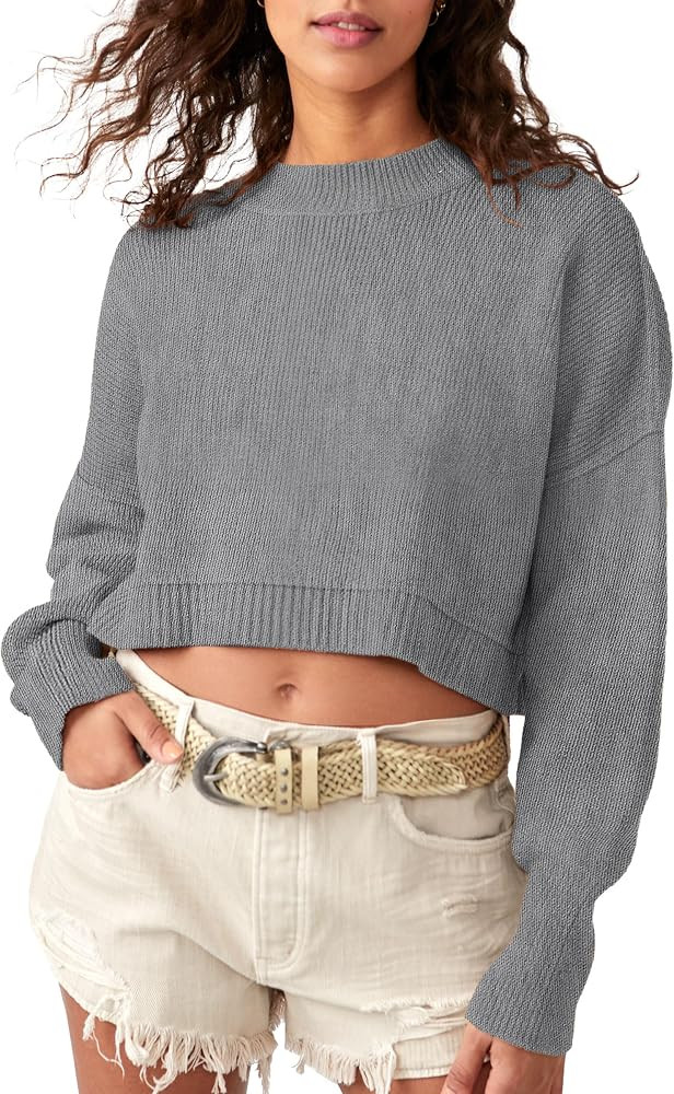 Sucolan Women's Crewneck Cropped Sweater 2024 Fall Fashion Oversized Batwing Sleeve Knit Side Sli... | Amazon (US)