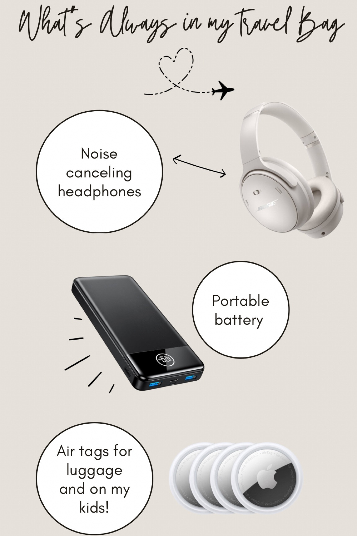 3 things always in my travel bag-
1. Noise canceling headphones (air pods as a back up) , for obvious reasons
2. A spare battery- sometimes airport/airplane/rental car chargers don’t work (or aren’t there at all!). This batter saved us in Costa Rica!
3. AirTags (on super sale rn!)- we put these in our luggage and sometimes on our kids (we have wrist bands for them). Helps give us peace of mind. 

#LTKTravel #LTKFamily #LTKSaleAlert