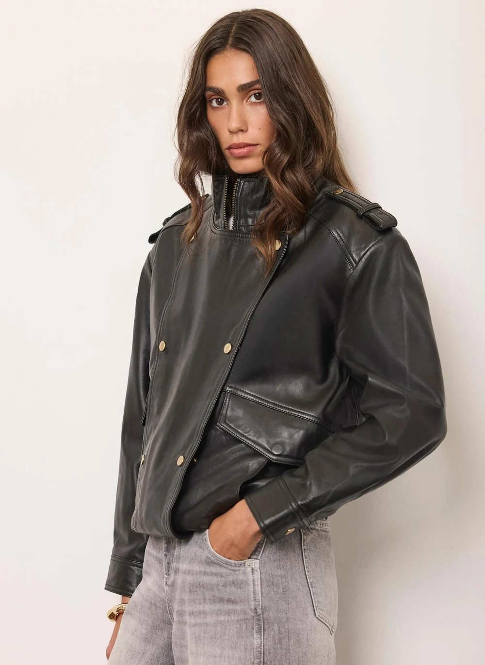 Burgundy Leather Oversized Bomber Jacket | Mint Velvet - ROW