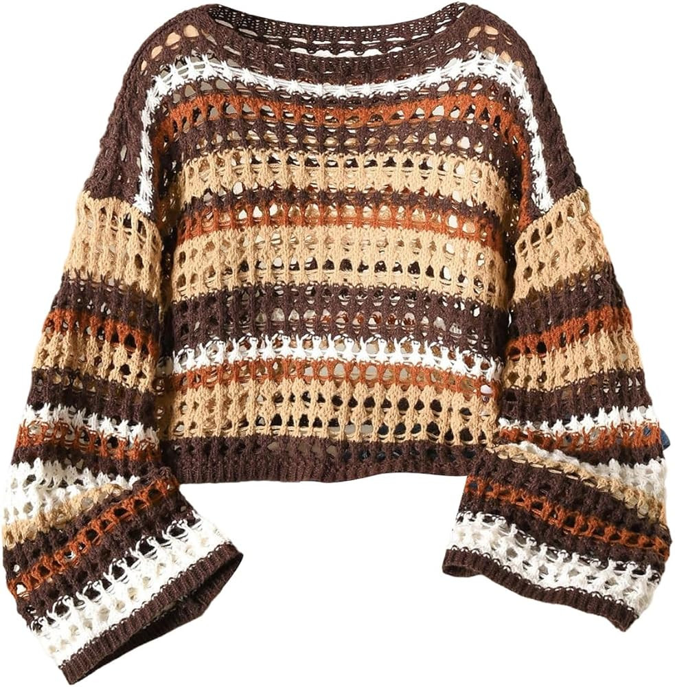 GORGLITTER Women's Plus Size Crochet Long Sleeve Tops Dressy Casual Color Block Going Out Top Lig... | Amazon (US)