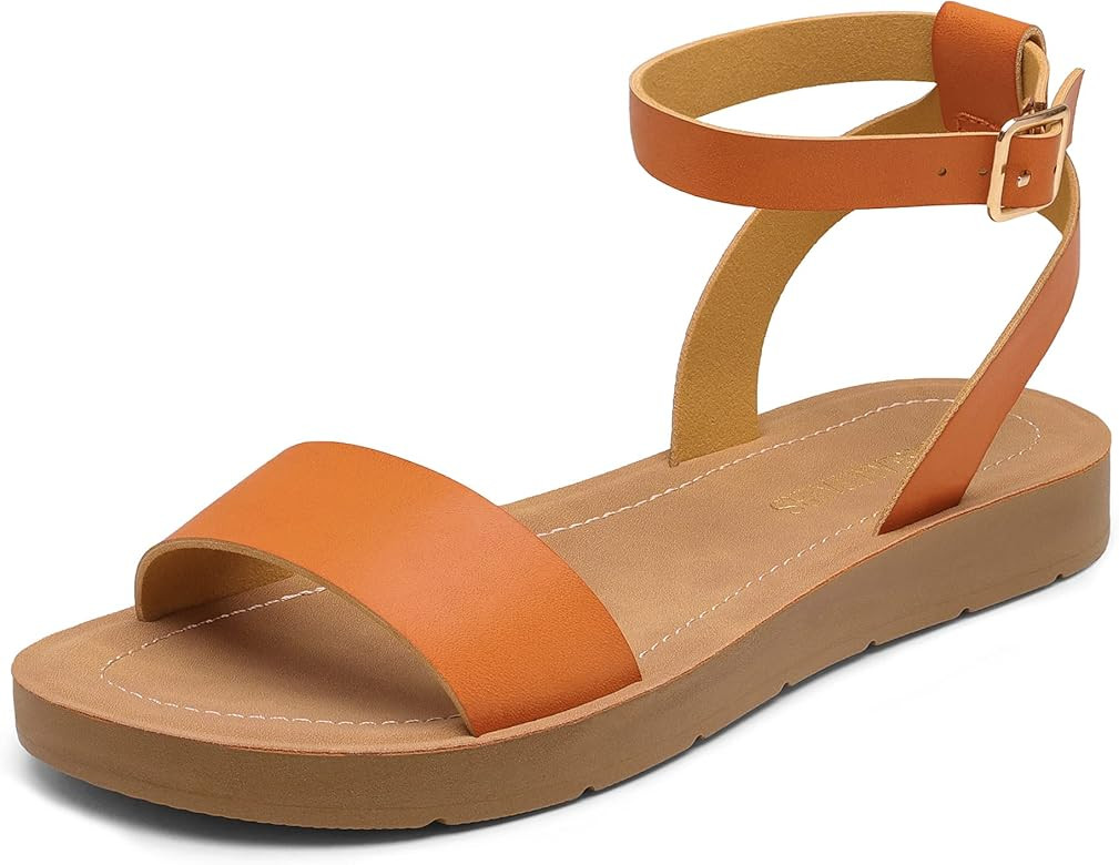 DREAM PAIRS Women’s One Band Ankle Strap Buckle Flat Sandals | Amazon (US)