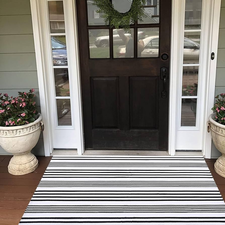 Black and White Striped Outdoor Rug Front Porch Rug 27.5"x43" Cotton Hand-Woven Welcome Mats Laye... | Amazon (US)