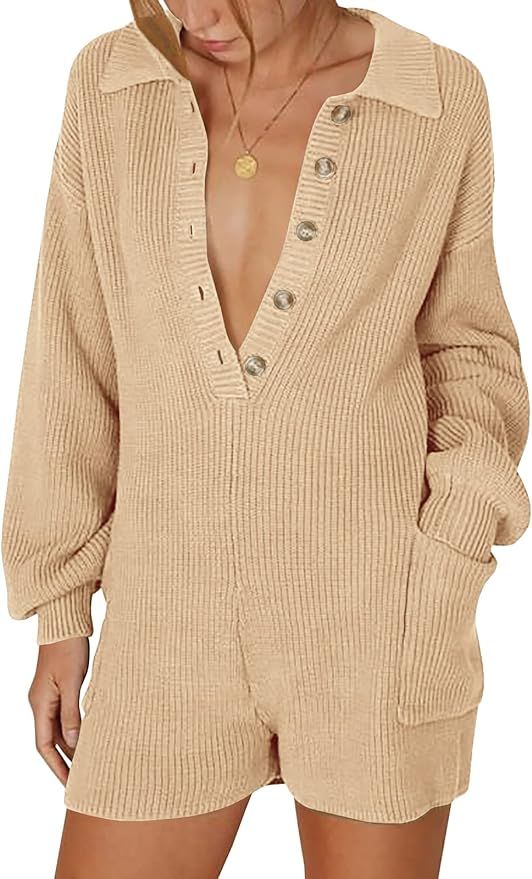 Women's Rompers V Neck Button Down Long Sleeve Knitted Sweater Jumpsuit Fall Winter One Piece Out... | Amazon (US)