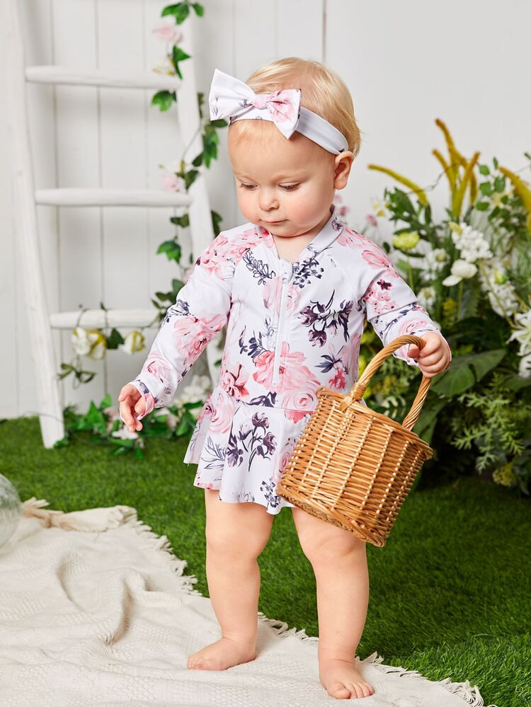 Baby Girl Floral Zip Front Ruffle Hem One Piece Swimsuit With Headband | SHEIN