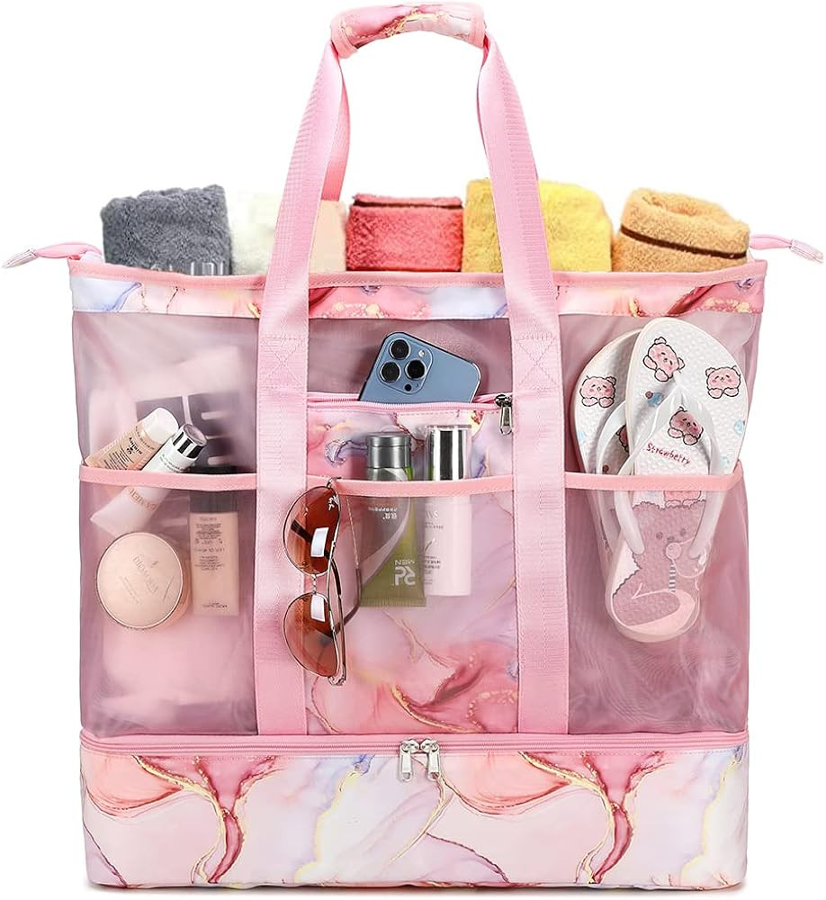 Mesh Beach Bag for Women Waterproof Sandproof Beach Bag with Zipper Beach Tote Bag with Cooler Sw... | Amazon (US)