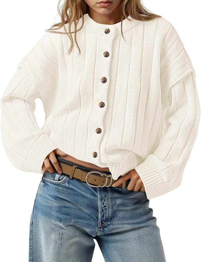 Saodimallsu Womens Open Front Cardigan Sweaters Button Down Knit Long Sleeve Crewneck Casual Loos... | Amazon (US)