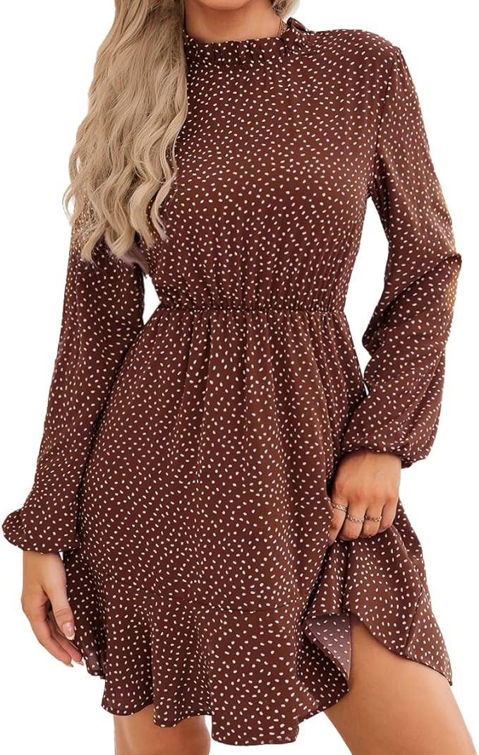NALANISA Polka Dot Mock Neck Long Sleeve Dress for Women Elastic Waist Ruffle Mini Dress Short Dr... | Amazon (US)